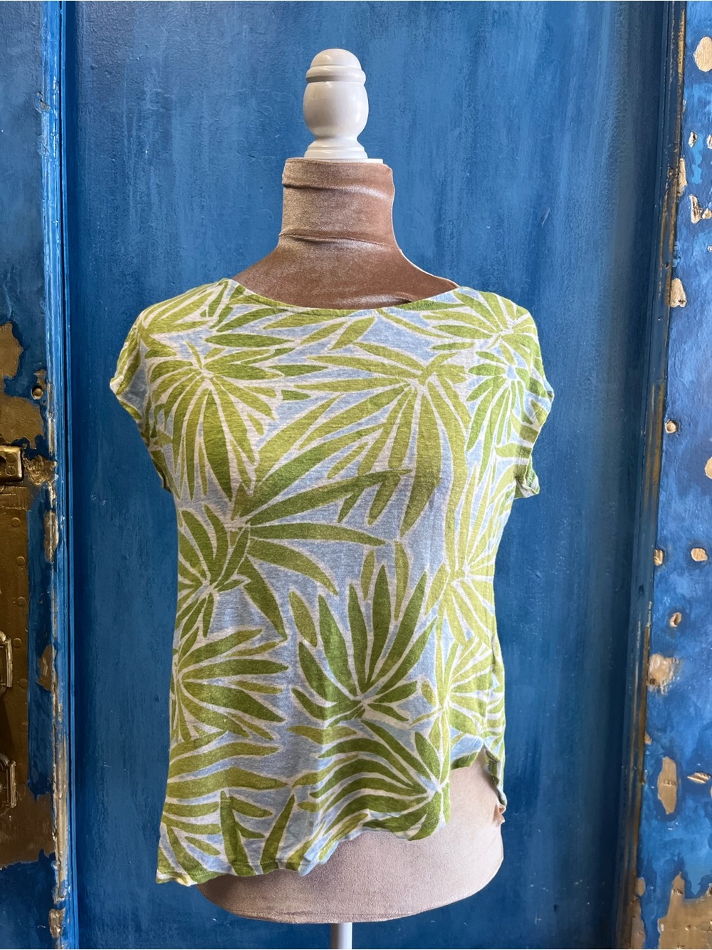 Sigrid Olsen Lime Green Leaf Print Short Sleeve Top